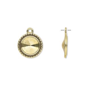 Drop, Almost Instant Jewelry®, antique gold-finished "pewter" (zinc-based alloy), 17mm round with triangle and beaded design with 12mm rivoli setting. Sold per pkg of 6.
