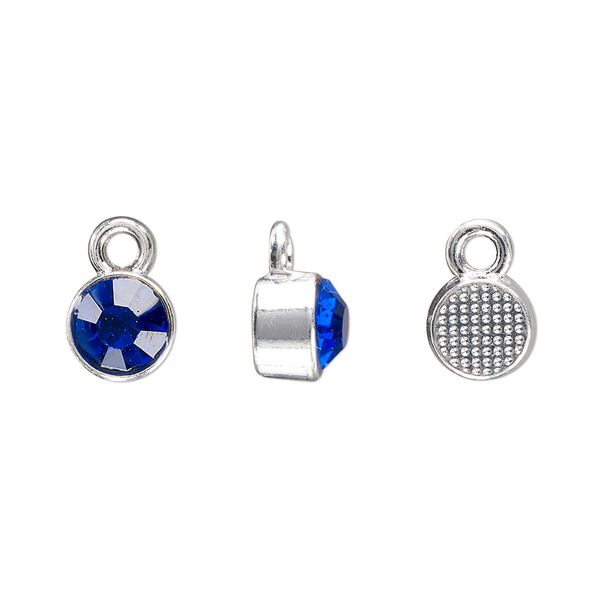 Drop, silver-finished "pewter" (zinc-based alloy) and glass rhinestone, sapphire blue, 8mm faceted round, September birthstone. Sold per pkg of 4. image number 0