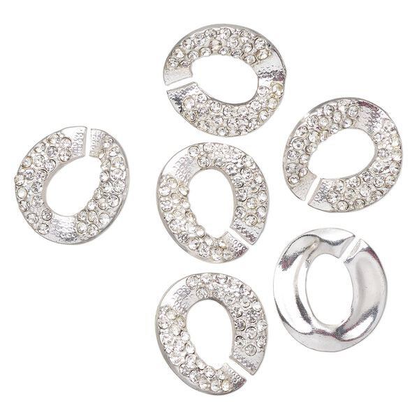 Clasp, interlocking, silver-finished "pewter" (zinc-based alloy) and glass, clear, 25x24mm-26x25mm twisted C-shape. Sold per pkg of 3. image number 0