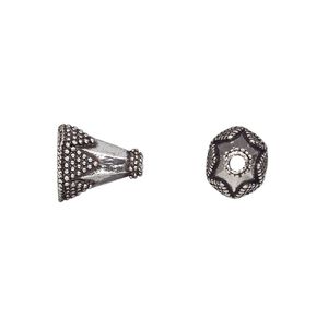 Cone, antique silver-plated brass, 11x10mm beaded hexagonal, 7x6mm hole. Sold per pkg of 6.