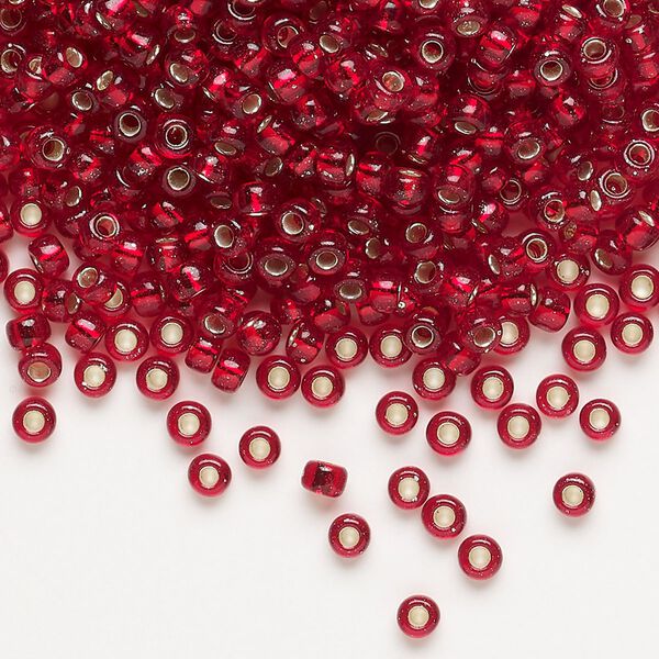 Seed bead, Miyuki, glass, pkg/250g, #8 rocaille, transparent silver-lined ruby red (RR-11). image number 0