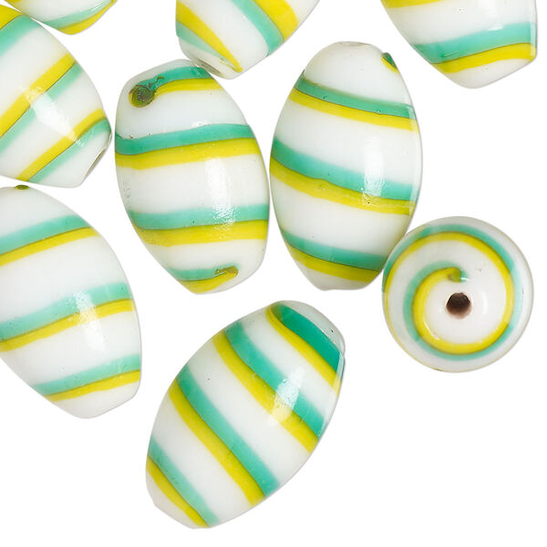 Bead, lampworked glass, opaque yellow / sky blue / white, 20x11mm oval. Sold per pkg of 10. image number 0