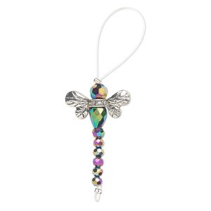 Bead, glass / glass rhinestone / antique silver finished "pewter" (zinc-based alloy), clear and opaque rainbow, 32x22mm dragonfly. Sold per pkg of 2.