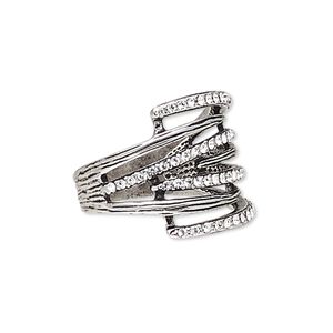 Ring, Austrian crystal and antique silver-plated "pewter" (zinc-based alloy), clear, 19mm wide with lines, size 8. Sold individually.