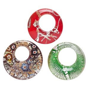 Random focal mix, lampworked glass, pkg/3, opaque and translucent mixed colors with silver-colored foil and copper-colored glitter, 44-53mm undrilled go-go.