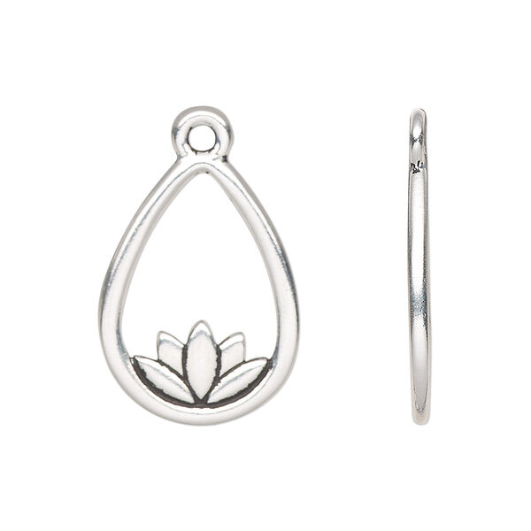 Drop, TierraCast®, antique silver-plated pewter (tin-based alloy), 22.5x16.5mm double-sided open teardrop with lotus. Sold per pkg of 20. image number 0