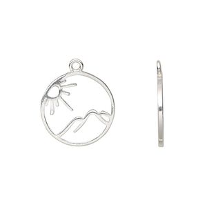 Charm Amoracast® 1pkg1 sterling silver, 14mm 2-sided open sunny mountains round