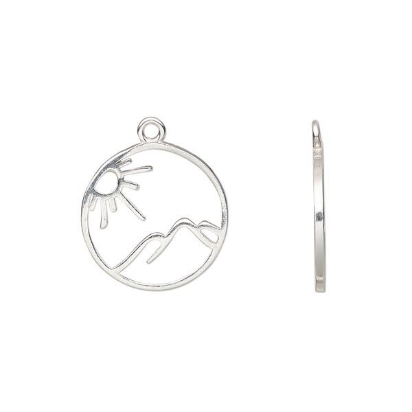 Charm Amoracast® 1pkg1 sterling silver, 14mm 2-sided open sunny mountains round image number 0