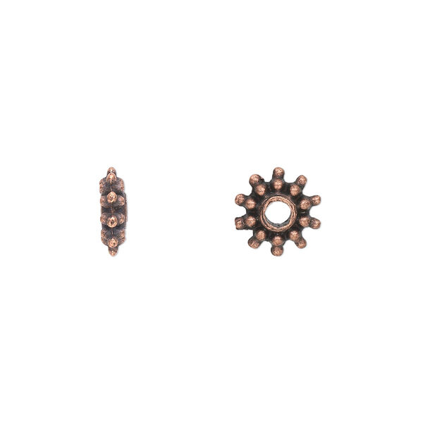 Bead, antique copper-plated "pewter" (zinc-based alloy), 9x3mm double-sided beaded rondelle. Sold per pkg of 50. image number 0