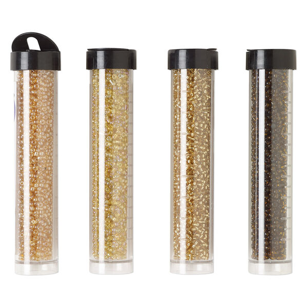 Seed bead assortment, Ming Tree™, glass, pkg/(4) 4 x 3/4 inch vials, #11 round, transparent rainbow, silver-lined and luster tan, root beer and amber yellow. image number 0