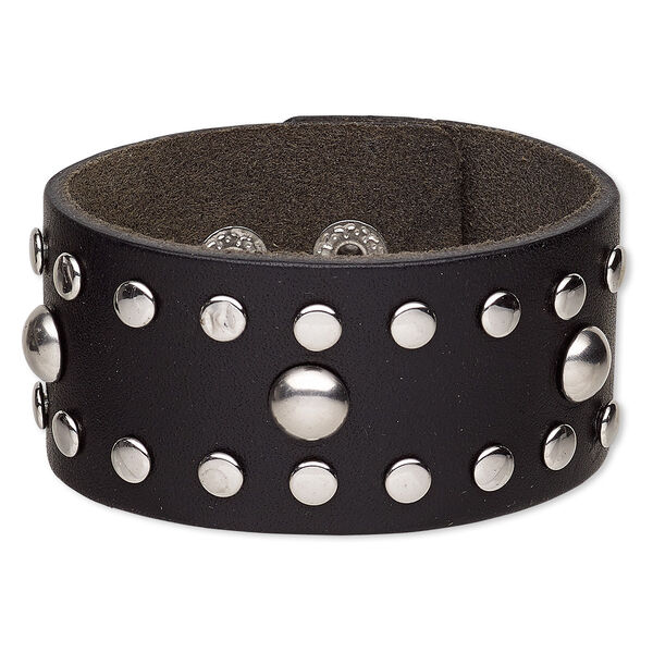Bracelet, leather (dyed) and silver-plated steel, black, 36mm wide with round studs, adjustable from 5 to 6-1/2 inches with snap closure. Sold individually. image number 0