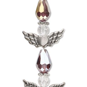 Bead, crystal and antique silver-plated "pewter" (zinc-based alloy), translucent medium purple AB and clear, 25x22mm angel. Sold per pkg of 4.