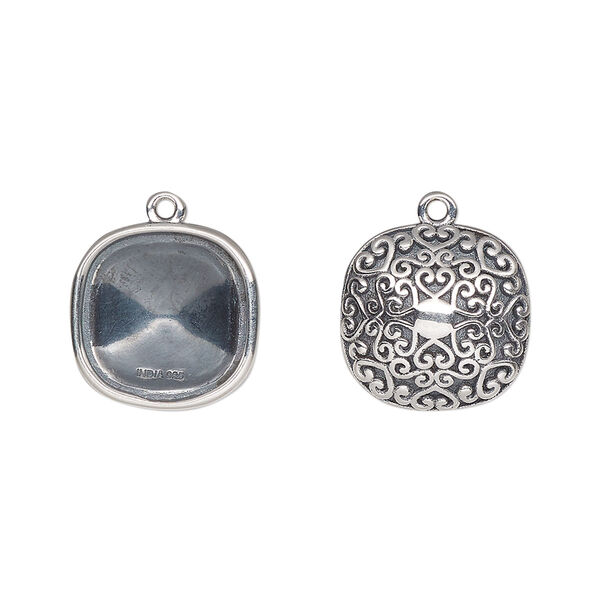 Drop, Almost Instant Jewelry®, antiqued sterling silver, 14mm rounded square with 12mm cushion setting and filigree back design. Sold individually. image number 0