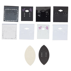 Earring card mix, PVC plastic and paper, assorted color and print, 2x1-1/2 to 2x2 inch squares and 2-3/4 x 1-1/2 inch marquise. Sold per pkg of 100.