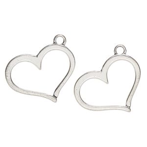 Focal, "pewter" (zinc-based alloy), pkg/2, 29x23mm-31x25mm open heart, silver finish.