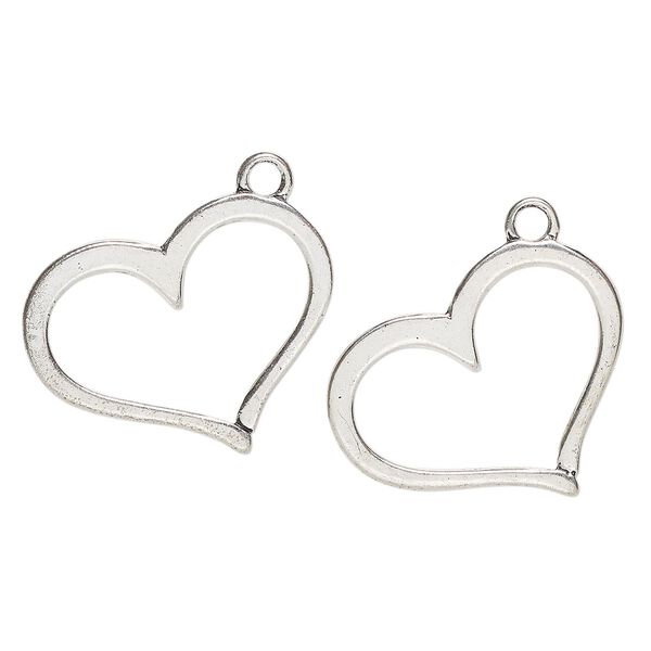 Focal, "pewter" (zinc-based alloy), pkg/2, 29x23mm-31x25mm open heart, silver finish. image number 0