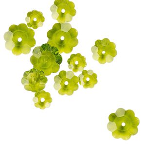 Margarita flower assortment 12pk transparent peridot green, Celestial Crystal® 10x3.5mm 8x3mm 6x2mm flower bead