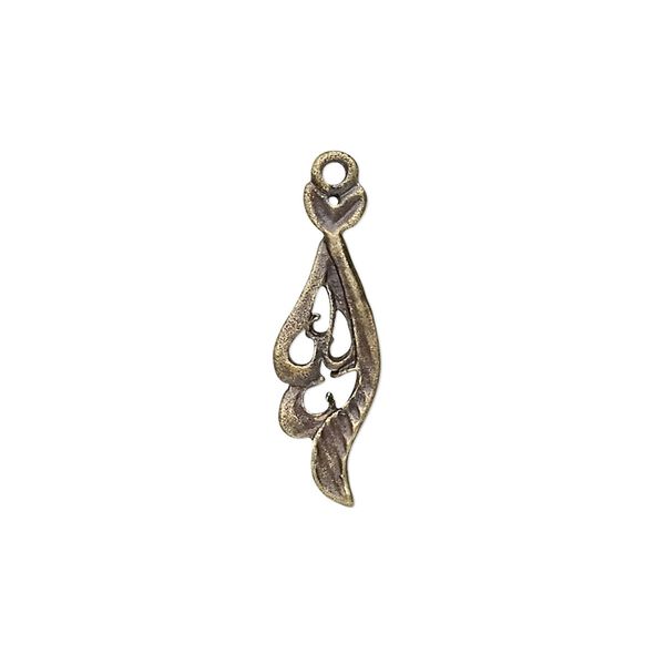 Drop, antique brass-plated "pewter" (zinc-based alloy), 17x7mm fancy leaf. Sold per pkg of 10. image number 0