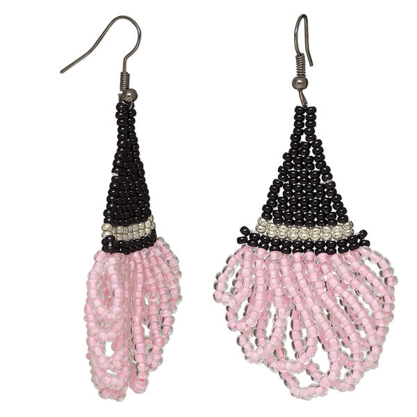 Circle of Hope earring, glass, black / pink / silver, 3 inches with witch's hat with fishhook ear wire. Only one pair available. image number 0