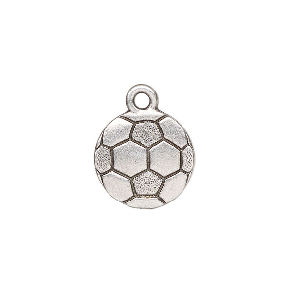 Charm, TierraCast®, antique silver-plated pewter (tin-based alloy), 15mm double-sided textured soccer ball. Sold per pkg of 20. image number 0