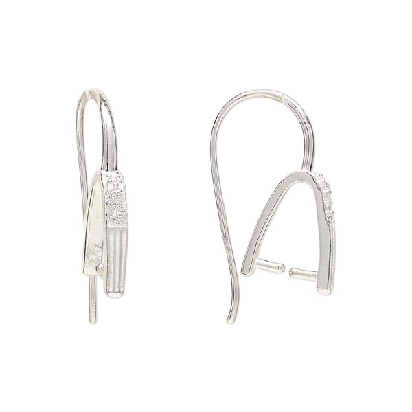 Ear wire 1pkg2 sterling silver / cubic zirconia, 21mm lines / ice-pick bail / 8.5mm grip length, 20 gauge 1 pair image number 0
