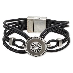 Bracelet, 6-strand, leather (dyed) / crystals / epoxy / antique silver-finished "pewter" (zinc-based alloy), grey and clear, 24mm wide with 23mm flat round, 6-1/2 inches with magnetic clasp. Sold individually.
