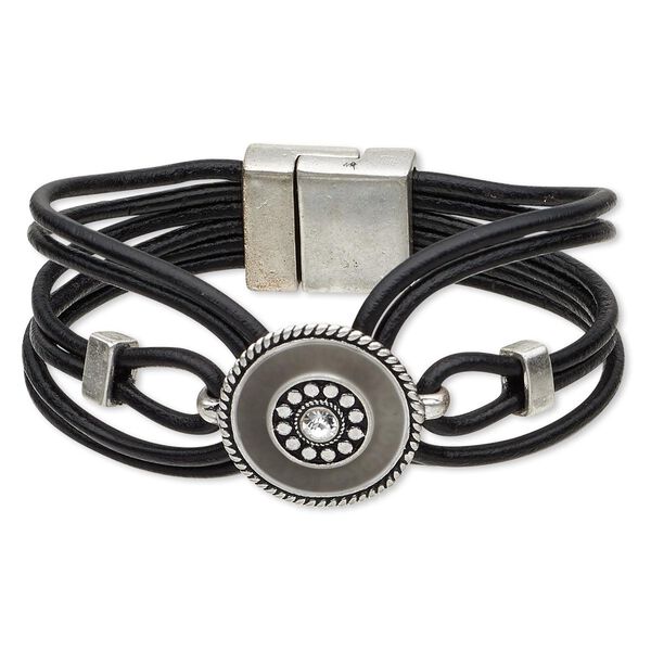 Bracelet, 6-strand, leather (dyed) / crystals / epoxy / antique silver-finished "pewter" (zinc-based alloy), grey and clear, 24mm wide with 23mm flat round, 6-1/2 inches with magnetic clasp. Sold individually. image number 0