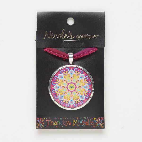 Necklace, ribbon / resin / antique silver-finished "pewter" (zinc-based alloy), multicolored, 36mm round with evil eye design and glitter, adjustable from 14 to 26 inches with slide knot closure. Sold individually. image number 0