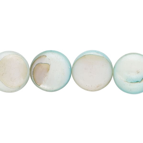 Mother-of-pearl shell 1pkg1, puffed flat round bead 15 inch light blue 12-13mm image number 0