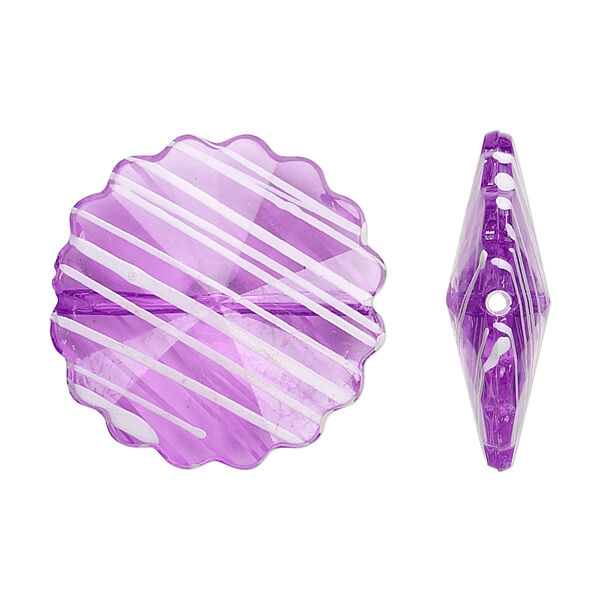 Bead, acrylic, semitransparent purple and white, 25mm faceted round flower with painted line design. Sold per pkg of 48. image number 0