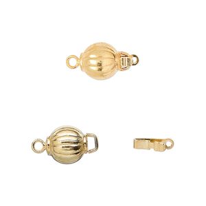 Clasp tab 1pkg10 gold-plated, 8mm corrugated round / safety latch, brass 1-strand