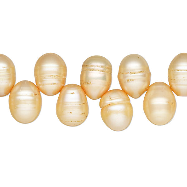 Pearl, cultured freshwater pearl (dyed), apricot, 10x7mm-12x8mm top-drilled teardrop , D grade, Mohs hardness 2-1/2 to 4. Sold per 15" strand, approximately 70 beads. image number 0
