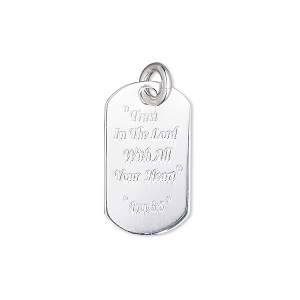 Charm, sterling silver, 23x13mm single-sided dog tag with "Trust In The Lord With All Your Heart" and "Prov. 3:5." Sold individually. image number 0