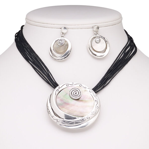 Necklace and earring set, Everyday Jewelry, 6-strand, black lip shell (natural) / waxed cotton cord / stainless steel / antique silver-plated steel / "pewter" (zinc-based alloy), black, 52mm round, 16 inches with 2-inch extender chain and lobster claw clasp, 37mm earrings with post. Sold per set. image number 0
