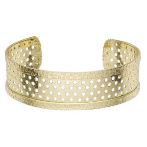 Bracelet, cuff, gold-finished steel, 18-19mm wide with cutout design and 155 holes, adjustable from 7 to 7-1/2 inches. Sold individually.