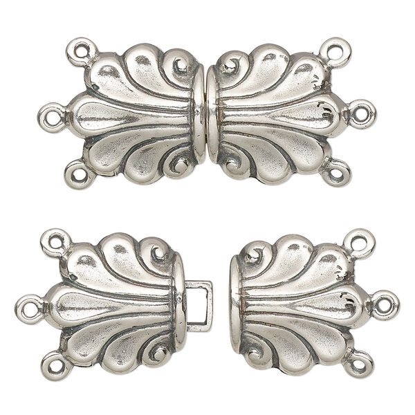 Clasp, 3-strand hook, antiqued sterling silver, 30x15mm fountain. Sold individually. image number 0