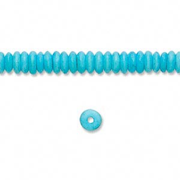 Bead, bone (dyed), turquoise blue, 5x2mm rondelle, Mohs hardness 2-1/2. Sold per 15-1/2" to 16" strand. image number 0