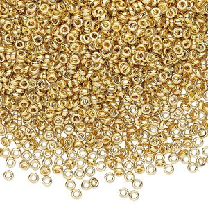 Seed bead, Miyuki, glass, pkg/50g, 2.2x1mm spacer rondelle, opaque 14Kt gold-plated, (SPR2.2-191).