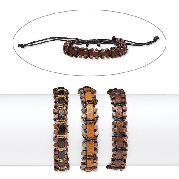 Bracelet mix, leather (dyed) / stained wood / waxed cotton cord, mixed colors, 13mm wide, adjustable from 6-9 inches with knot closure. Sold per pkg of 3. image number 0