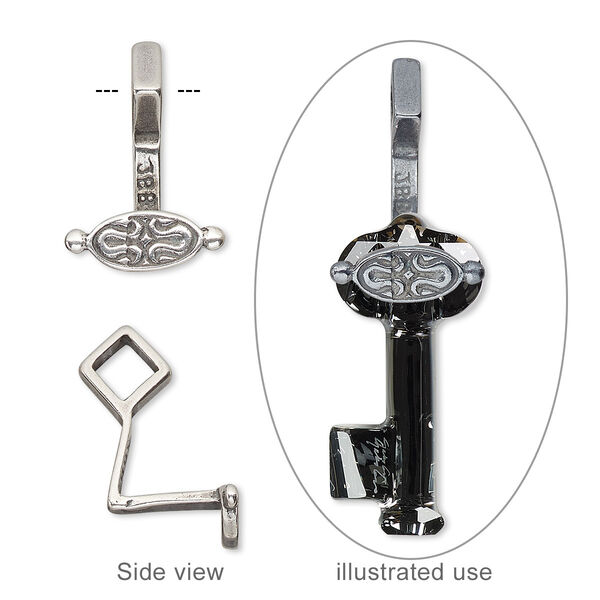 Bail, JBB Findings, antique silver-plated pewter (tin-based alloy), 19x14mm with curve design, for use with Crystal Passions® 50mm faceted key pendant. Sold individually. image number 0