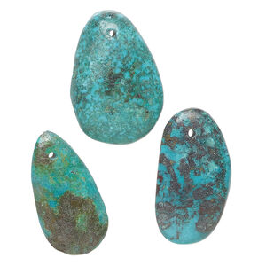 Turquoise 1pkg3, hand-cut top-drilled puffed teardrop / oval / freeform drop, mix 26x18mm-34x22mm blue & green