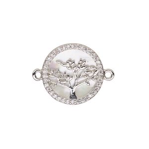 Link, mother-of-pearl shell (bleached) / cubic zirconia / silver-finished brass, clear and white, 15mm single-sided round with tree of life design. Sold individually.