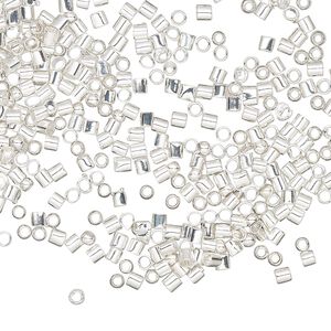 Crimp, silver-finished brass, 2x1.5mm round and 2mm tube, 1-1.3mm inside diameter. Sold per pkg of 500.