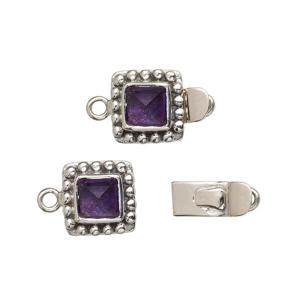 Clasp, tab, amethyst (natural) and antiqued sterling silver, 11mm square with 6mm faceted square cabochon. Sold individually. image number 0
