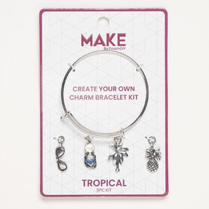 Bracelet and charm set, brass/enamel/glass, pkg/1, silver finish and blue, 7-1/2 inch bangle and 19x7mm-21x15mm mixed charms.