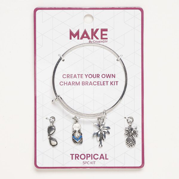 Bracelet and charm set, brass/enamel/glass, pkg/1, silver finish and blue, 7-1/2 inch bangle and 19x7mm-21x15mm mixed charms. image number 0