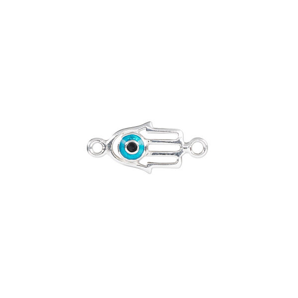 Link, sterling silver and enamel, blue and black, 11x8mm single-sided Hamsa hand. Sold individually. image number 0