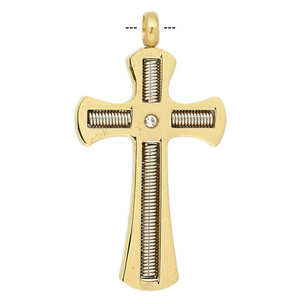 Pendant, cubic zirconia with stainless steel and gold-finished stainless steel, clear, 40x25mm cross. Sold individually. image number 0