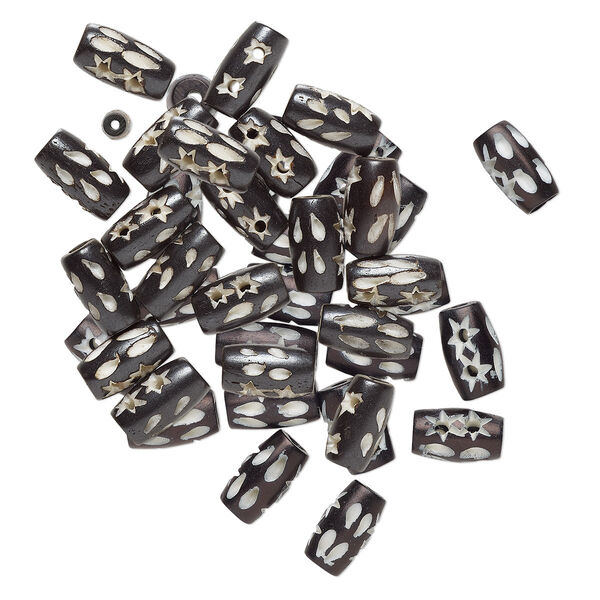 Bead, bone (dyed), black and white, 12x7mm pierced barrel with 3 holes, Mohs hardness 2-1/2. Sold per pkg of 20. image number 0