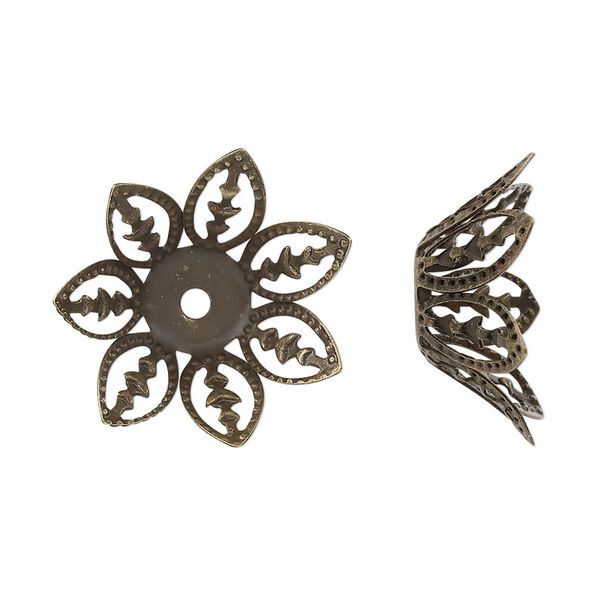 Bead cap, antique brass-finished steel, 20.5x8mm leaves, fits 14-16mm round bead. Sold per pkg of 20. image number 0